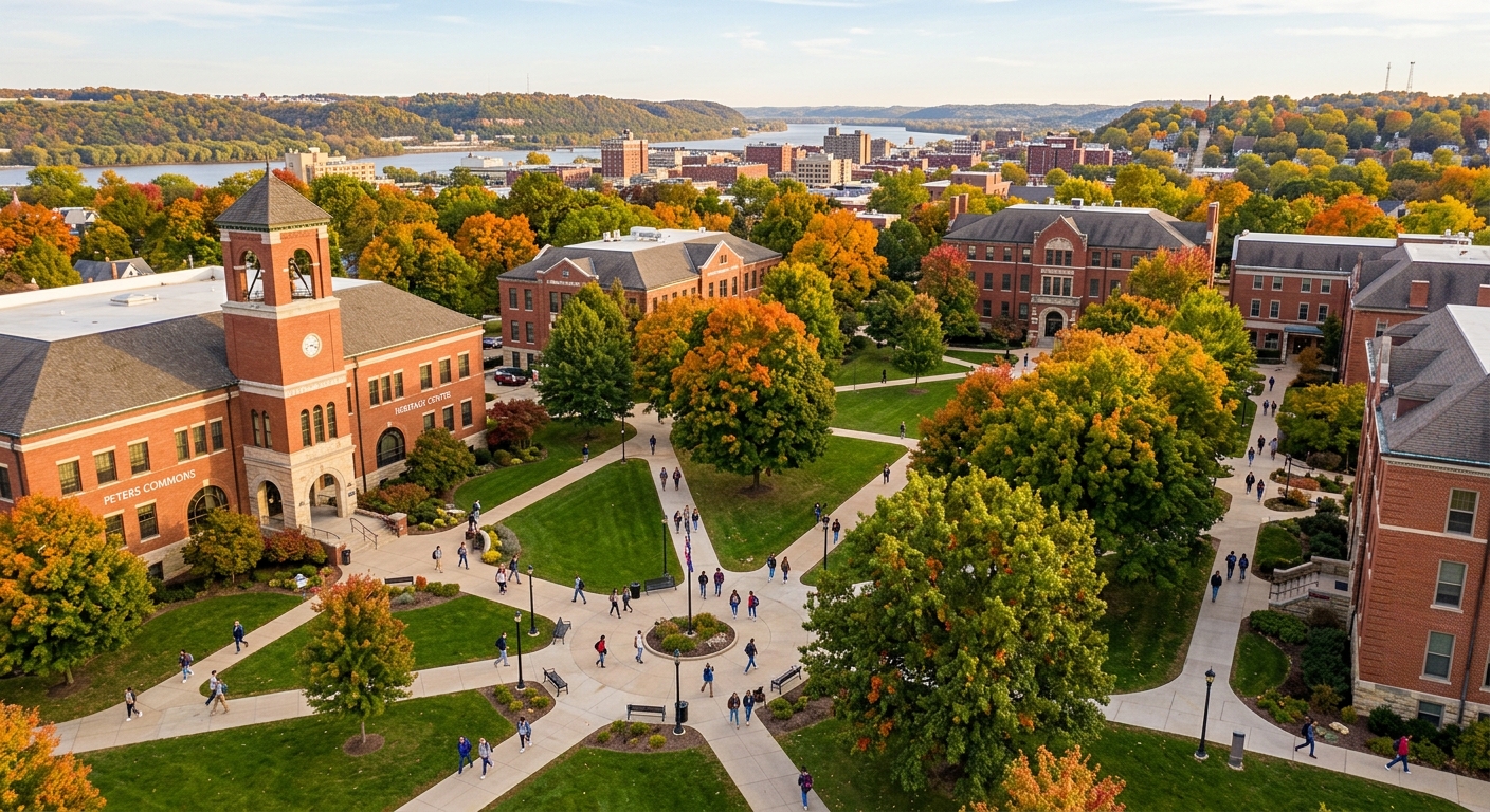 University of Dubuque campus in Dubuque Iowa, red brick academic buildings surrounded by green lawns and mature trees, students walking along pathways, Midwestern small city skyline in background, warm autumn light