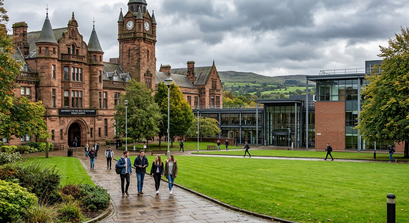 University of the West of Scotland Paisley campus historic stone buildings with modern extensions, Scottish landscape, students walking through campus courtyard with green lawns and overcast sky