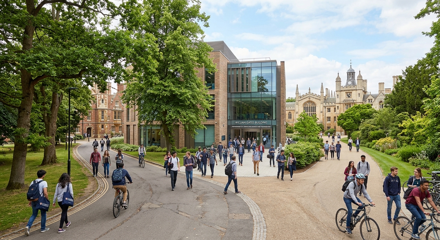 Historic University of Cambridge campus with the William Gates Building housing the Department of Computer Science and Technology, students walking along tree-lined paths, classic collegiate architecture blending with modern facilities under a bright English sky