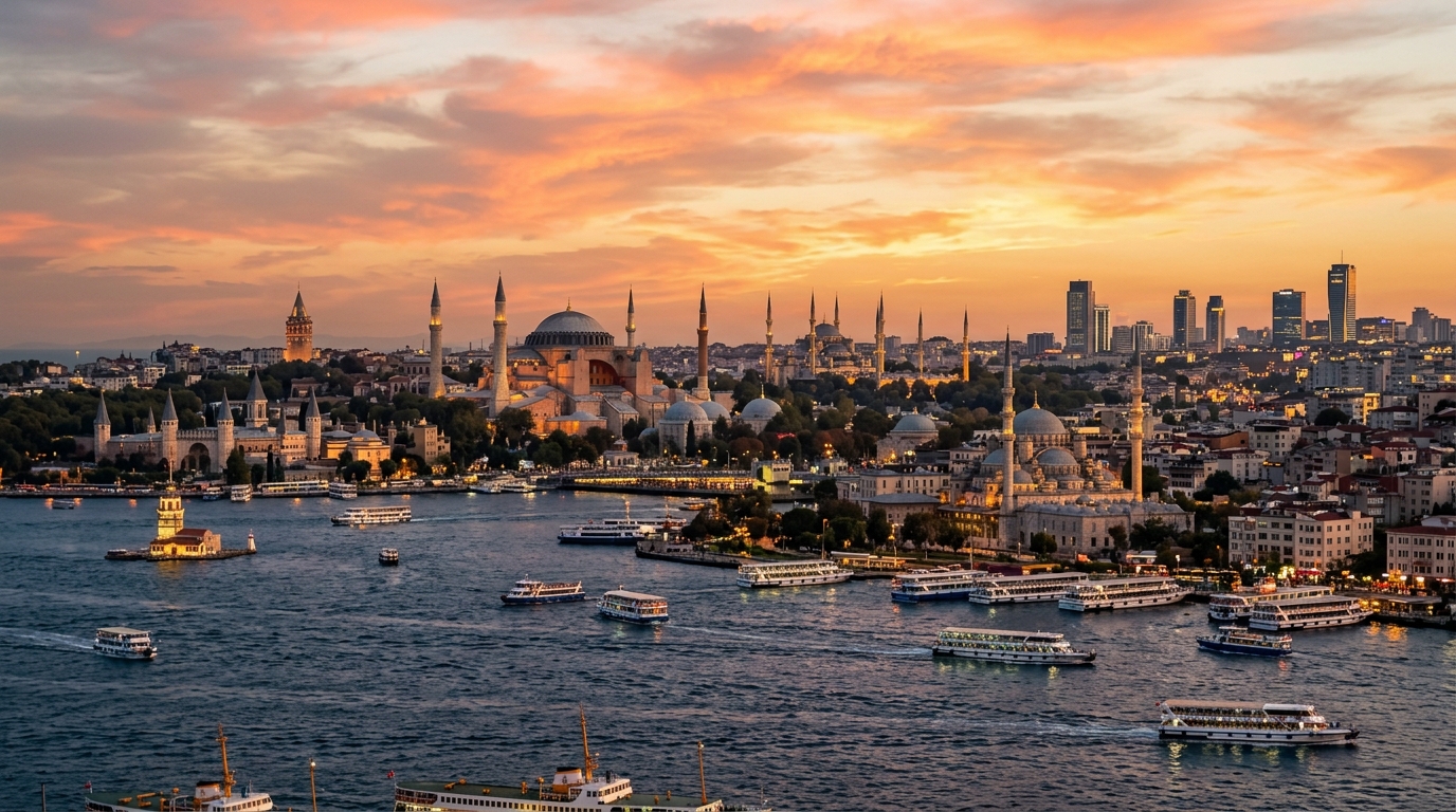 Istanbul skyline panorama at sunset, Bosphorus strait with ferries, minarets of historic mosques, modern skyscrapers in background, golden hour lighting