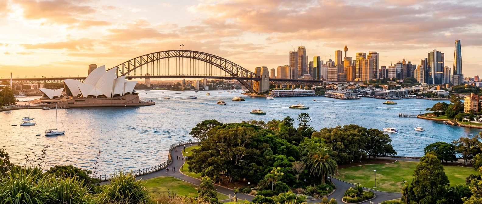 Panoramic view of Sydney city skyline at golden hour, Sydney Opera House and Harbour Bridge visible, sparkling harbour waters, lush green parks in foreground, modern skyscrapers in CBD