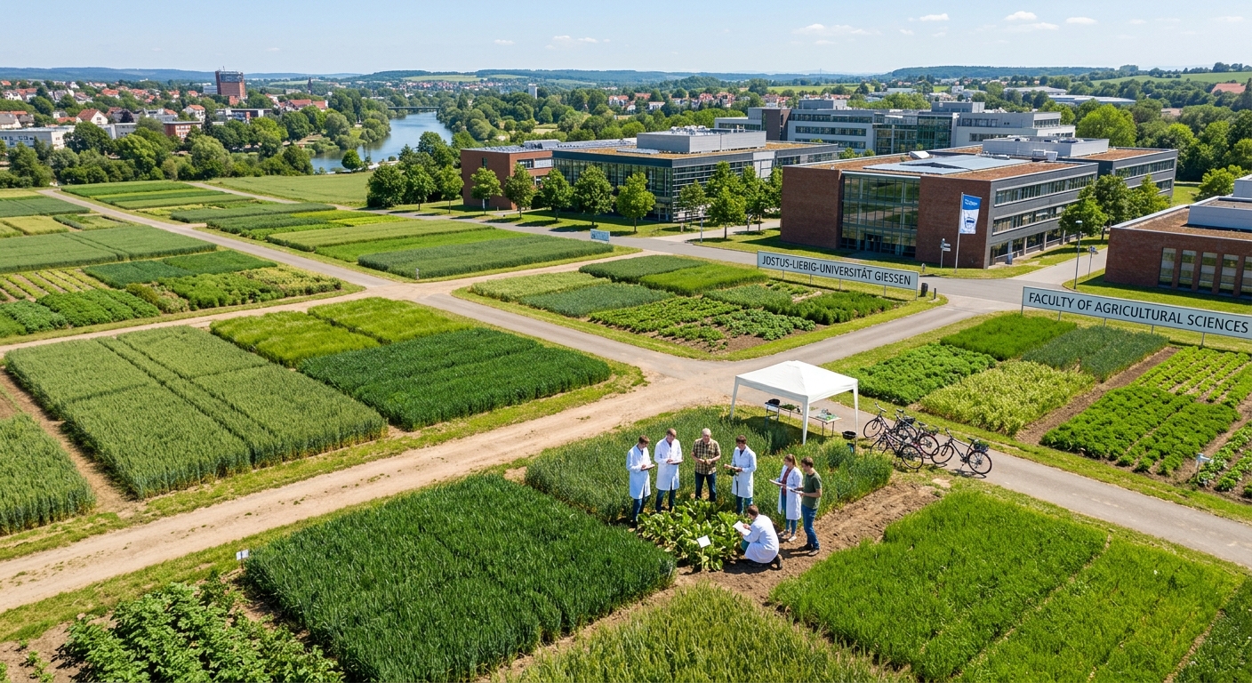 Aerial view of lush green agricultural research fields at Justus Liebig University Giessen campus, with modern faculty buildings in the background, students examining crop samples, bright sunny day in Hessen, Germany