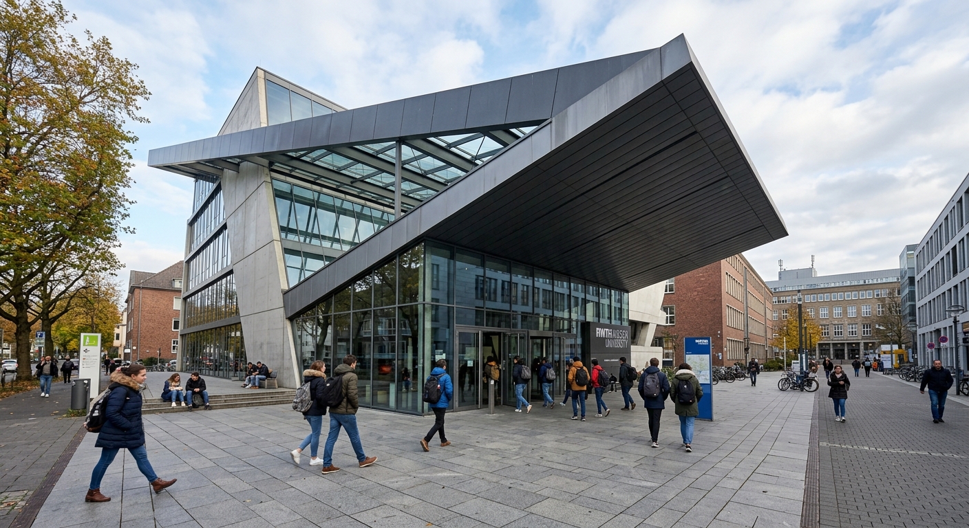 RWTH Aachen SuperC building, modern architecture with distinctive cantilevered roof structure, glass facade, students entering the building, urban campus setting