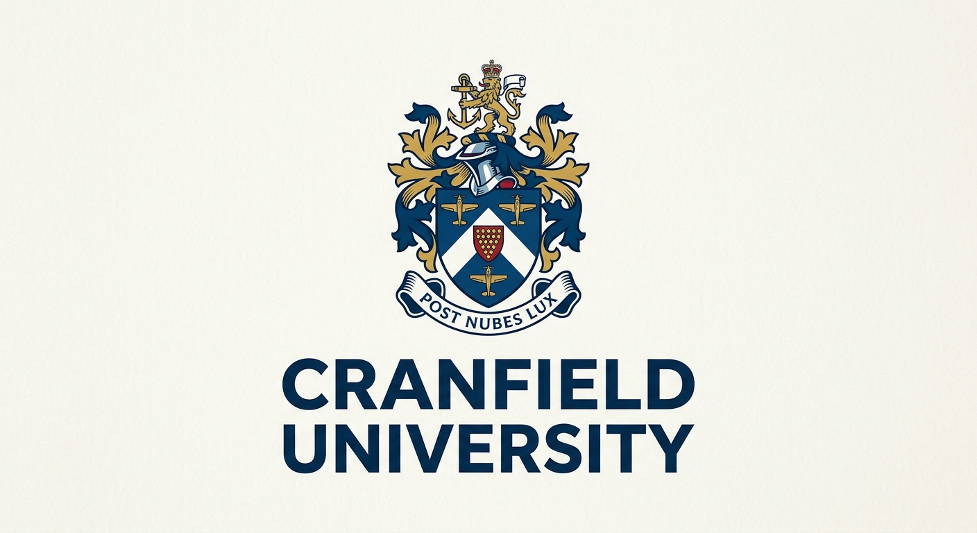 Cranfield University official logo featuring the university coat of arms with the motto post nubes lux and university name in dark blue text