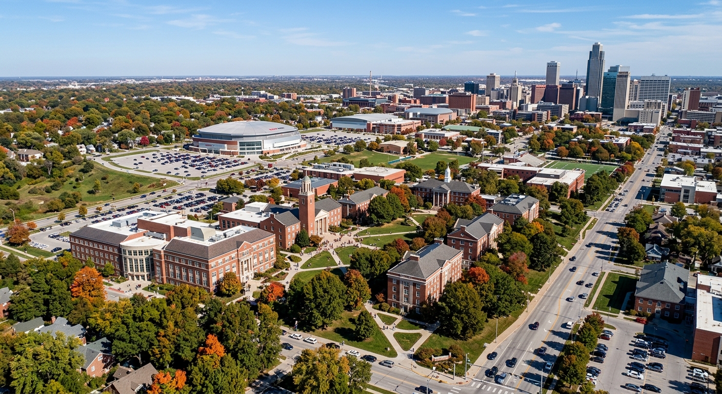 University of Nebraska at Omaha Dodge Campus aerial view, red brick academic buildings surrounded by mature trees, Baxter Arena visible in background, urban Omaha skyline on horizon, clear blue sky