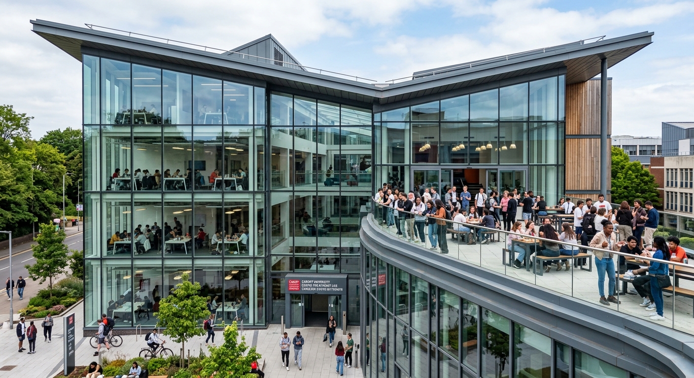 Cardiff University Centre for Student Life, modern glass and steel building, open-plan study spaces visible through large windows, students socialising on outdoor terrace