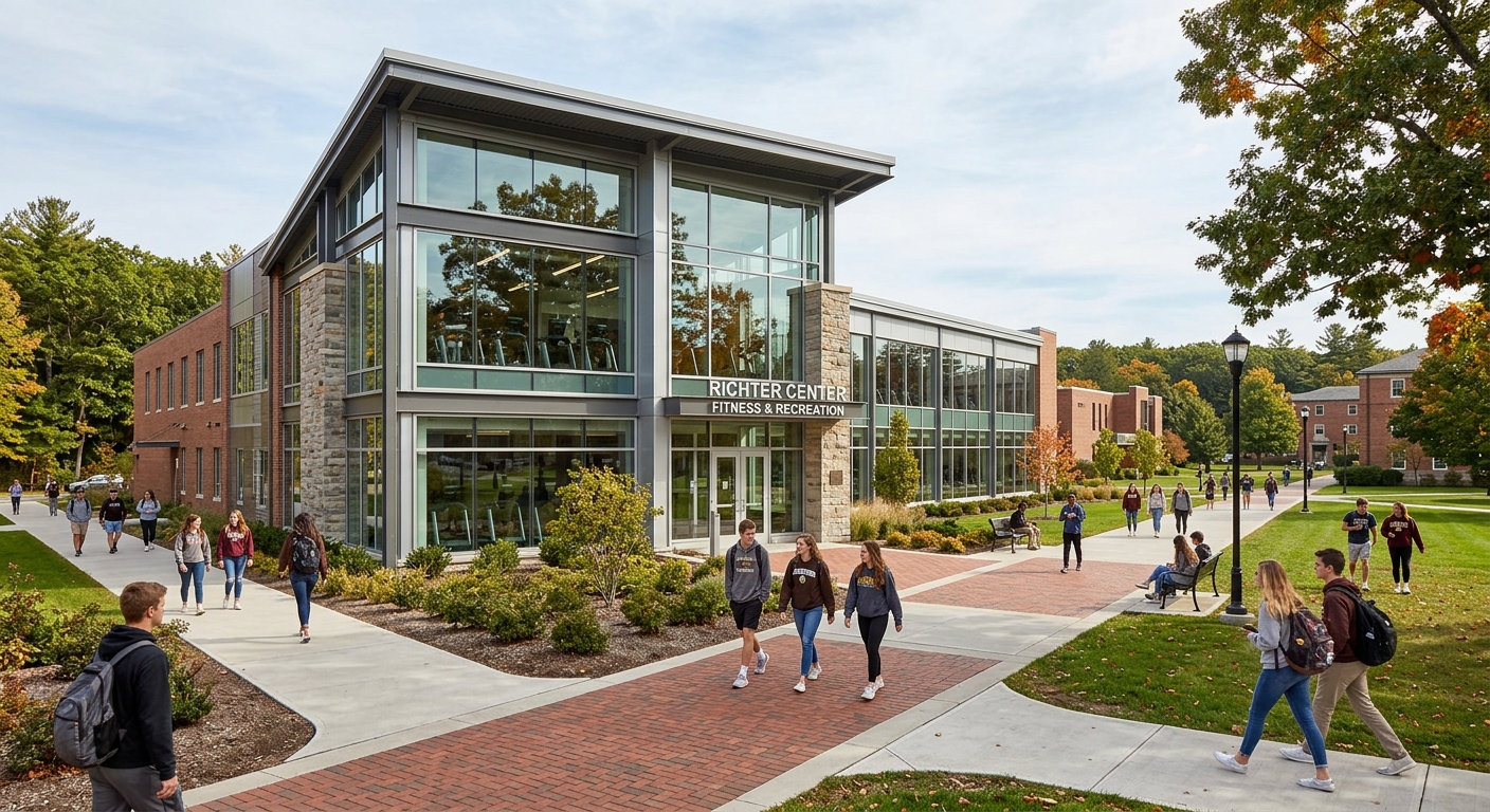 Richter Center fitness and recreation facility at St. Bonaventure University, modern building with large windows, students walking along pathways