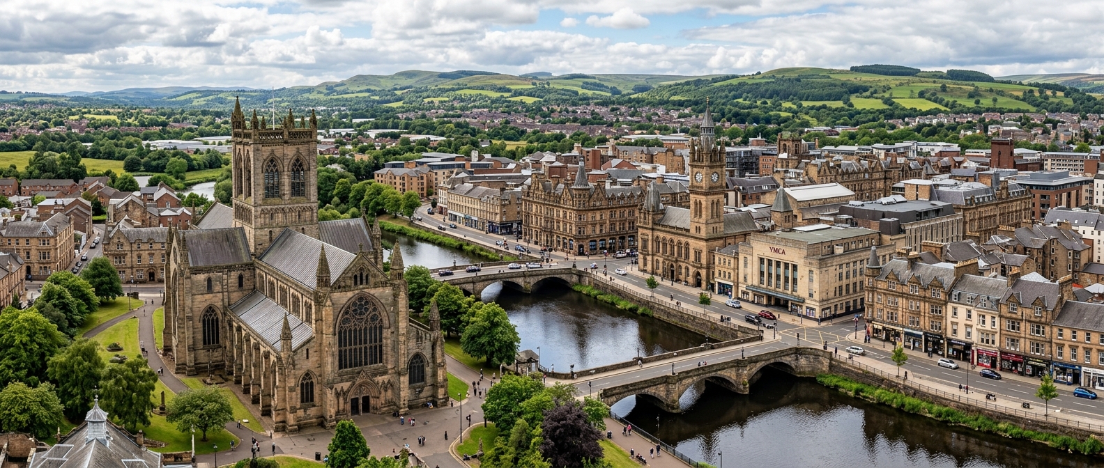 Paisley town centre panoramic view, Paisley Abbey prominent in foreground, Victorian architecture, White Cart Water river, Renfrewshire Scotland, green hills in background