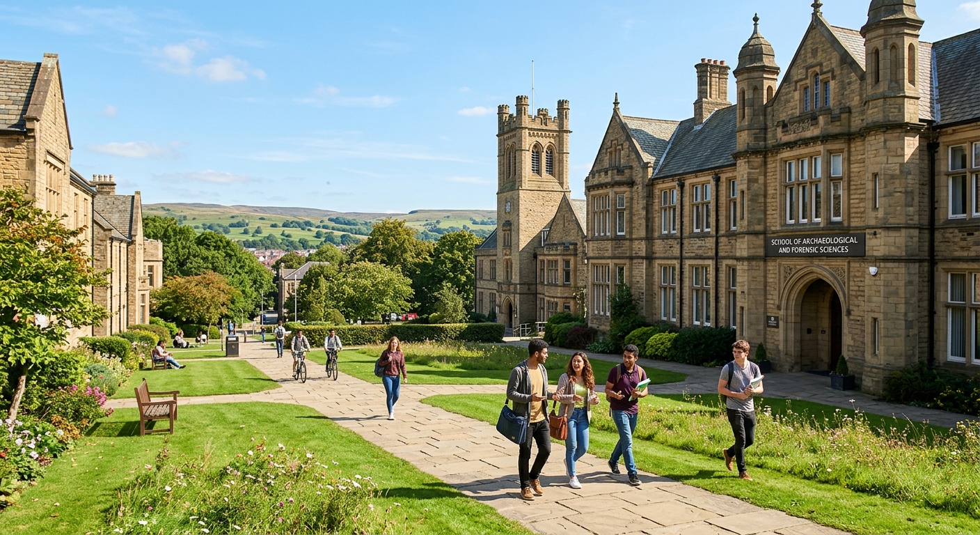 University of Bradford campus with historic stone buildings and green lawns, students walking near the School of Archaeological and Forensic Sciences, Yorkshire landscape in background with clear sky