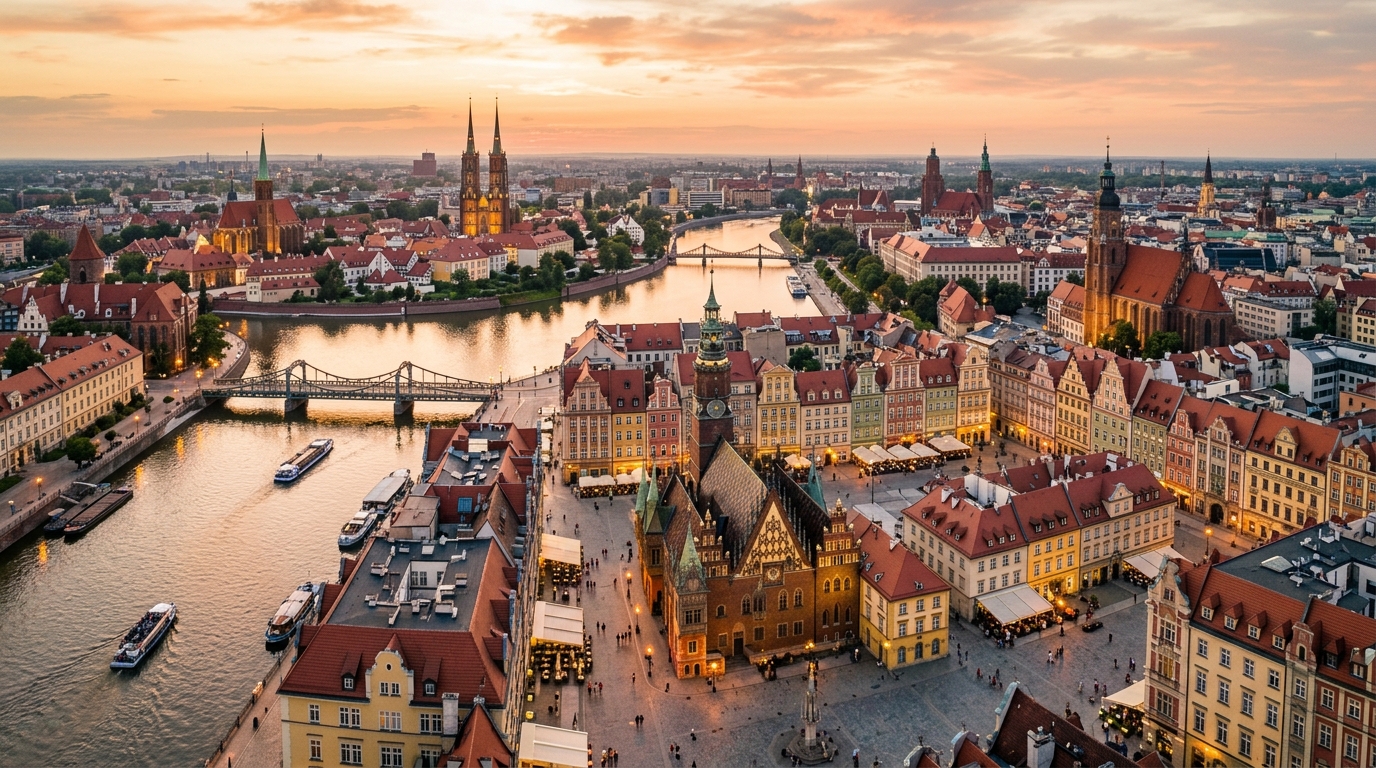 Wroclaw Poland panoramic cityscape, Oder River flowing through the city, colorful historic buildings on Rynek market square, cathedral island in background, bridges connecting islands, warm golden hour light