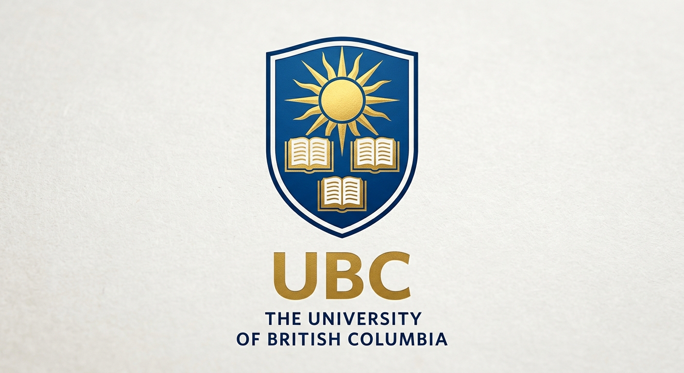 University of British Columbia official logo featuring a blue shield with three gold open books, sun rays, and the text UBC beneath