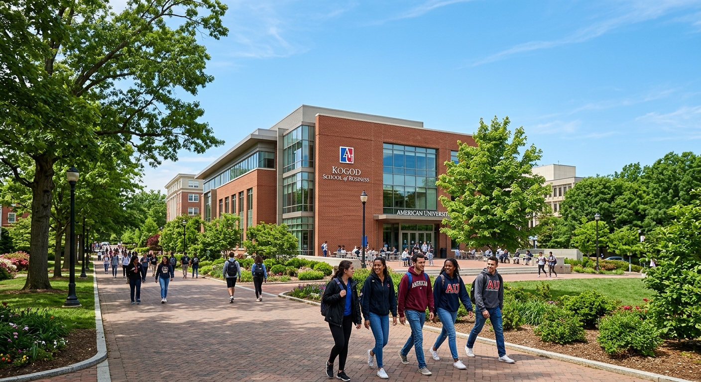 American University Kogod School of Business modern campus building in Washington DC with students walking along tree-lined pathways, red brick architecture, clear blue sky