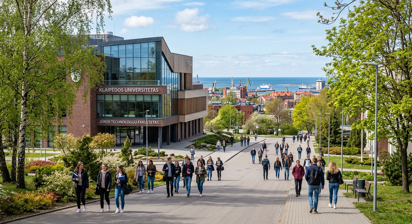 Modern college campus building in Klaipeda Lithuania with students walking on tree-lined pathways, Baltic Sea coastal city skyline in background, bright spring day