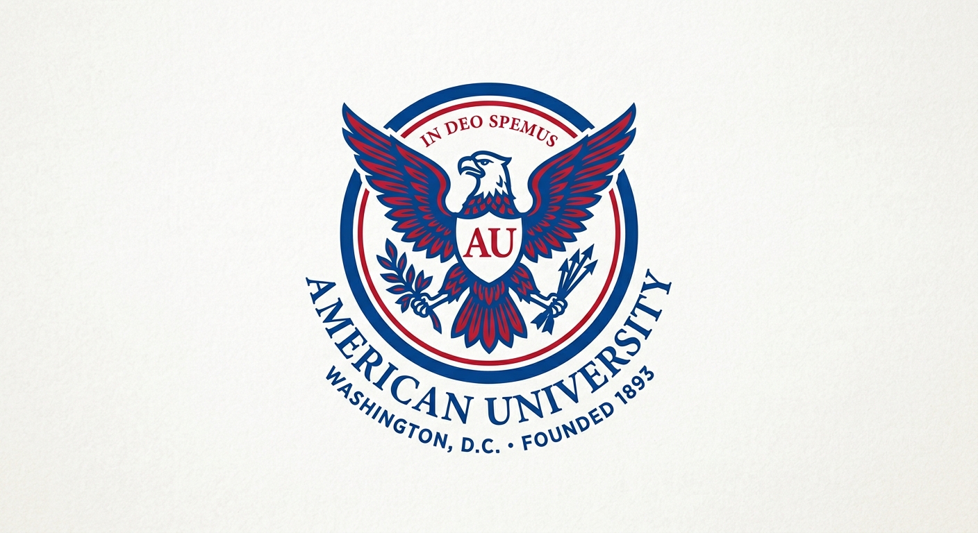 American University official logo featuring the AU eagle emblem in blue and red with the university name in serif font