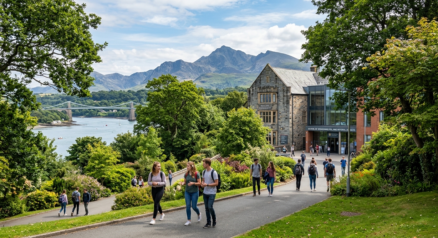 Bangor University campus with lush green surroundings near the Menai Strait in North Wales, mountains of Snowdonia visible in the background, students walking through a tree-lined pathway near the School of Environmental and Natural Sciences building