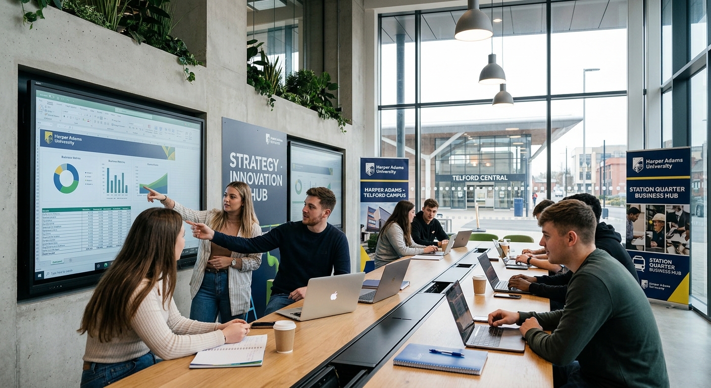 Modern business education campus at Station Quarter in Telford, students collaborating around digital screens and laptops, contemporary learning space with glass walls and natural light, Harper Adams University branding visible