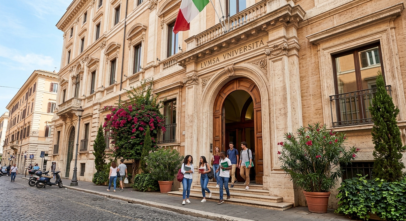 LUMSA University Traspontina campus building entrance in Rome Prati district, classic Italian architecture with stone facade, students walking through arched doorway, Mediterranean vegetation