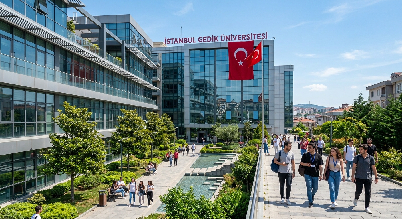 Modern Istanbul Gedik University campus building on the Asian side of Istanbul, students walking through a landscaped courtyard, contemporary architecture with glass facades, Turkish flag visible, clear blue sky
