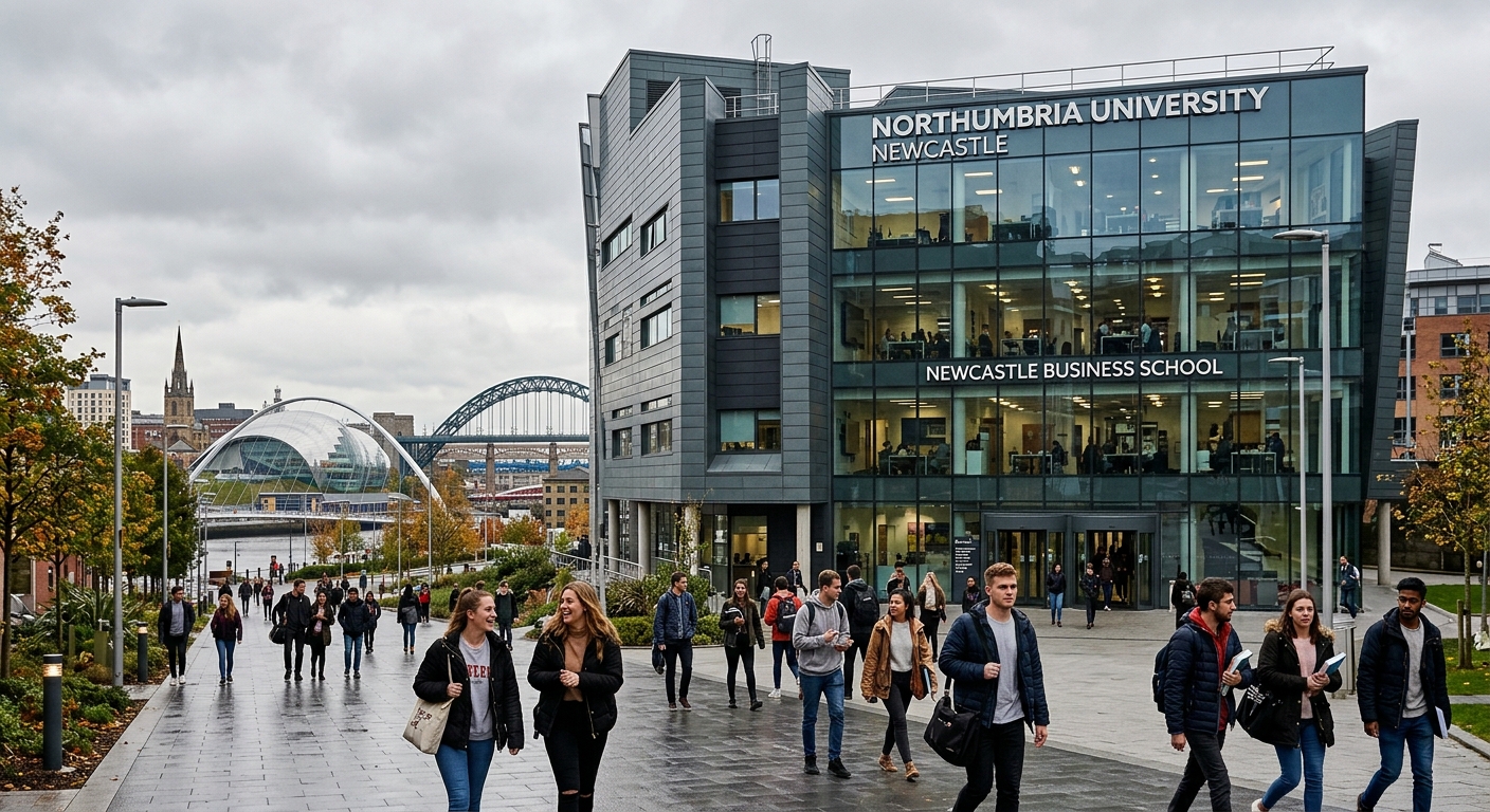 Modern Northumbria University Newcastle Business School building exterior with glass facade, students walking on campus, city of Newcastle upon Tyne skyline in background, overcast British sky
