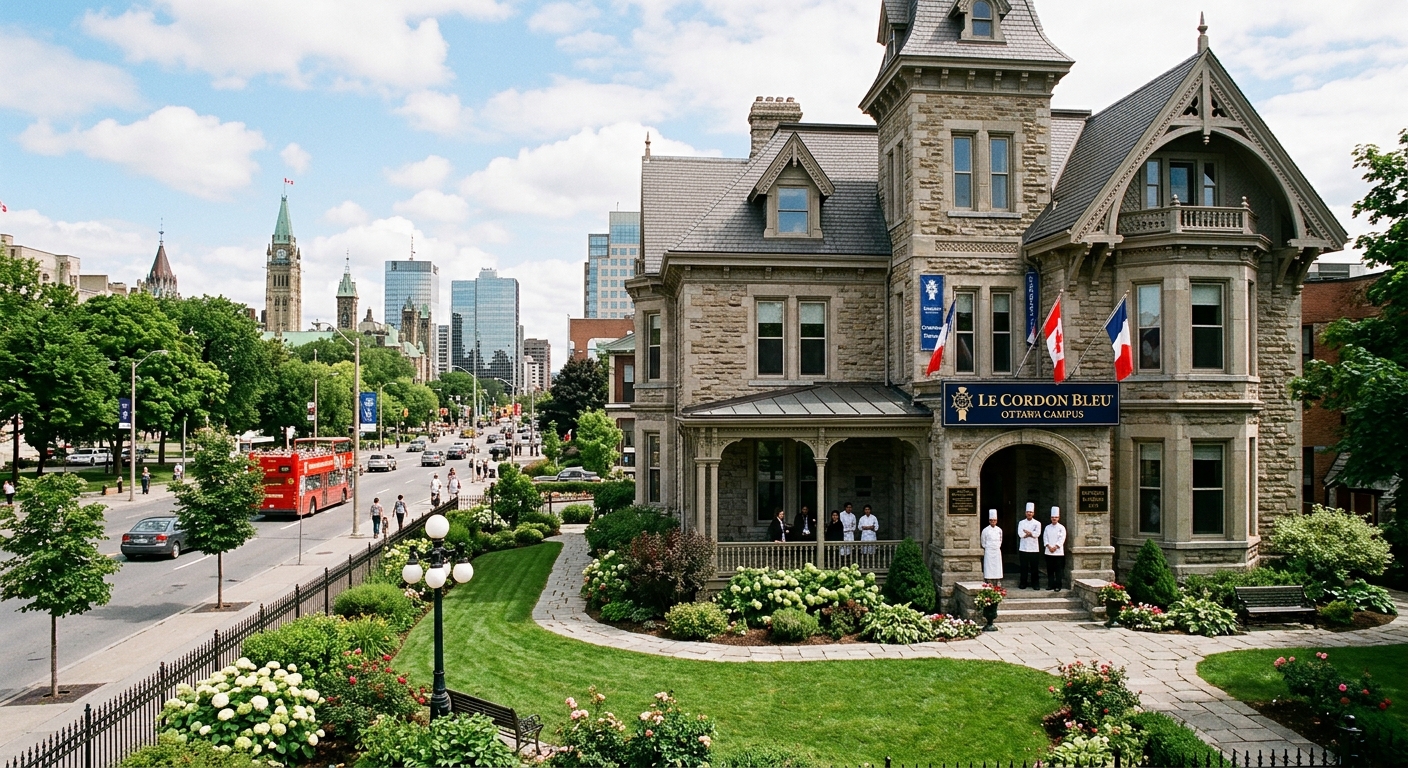 Le Cordon Bleu Ottawa campus housed in the historic Munross Mansion, a restored 1874 heritage building on Laurier Avenue East, with elegant stone facade, manicured gardens, and downtown Ottawa streetscape in the background