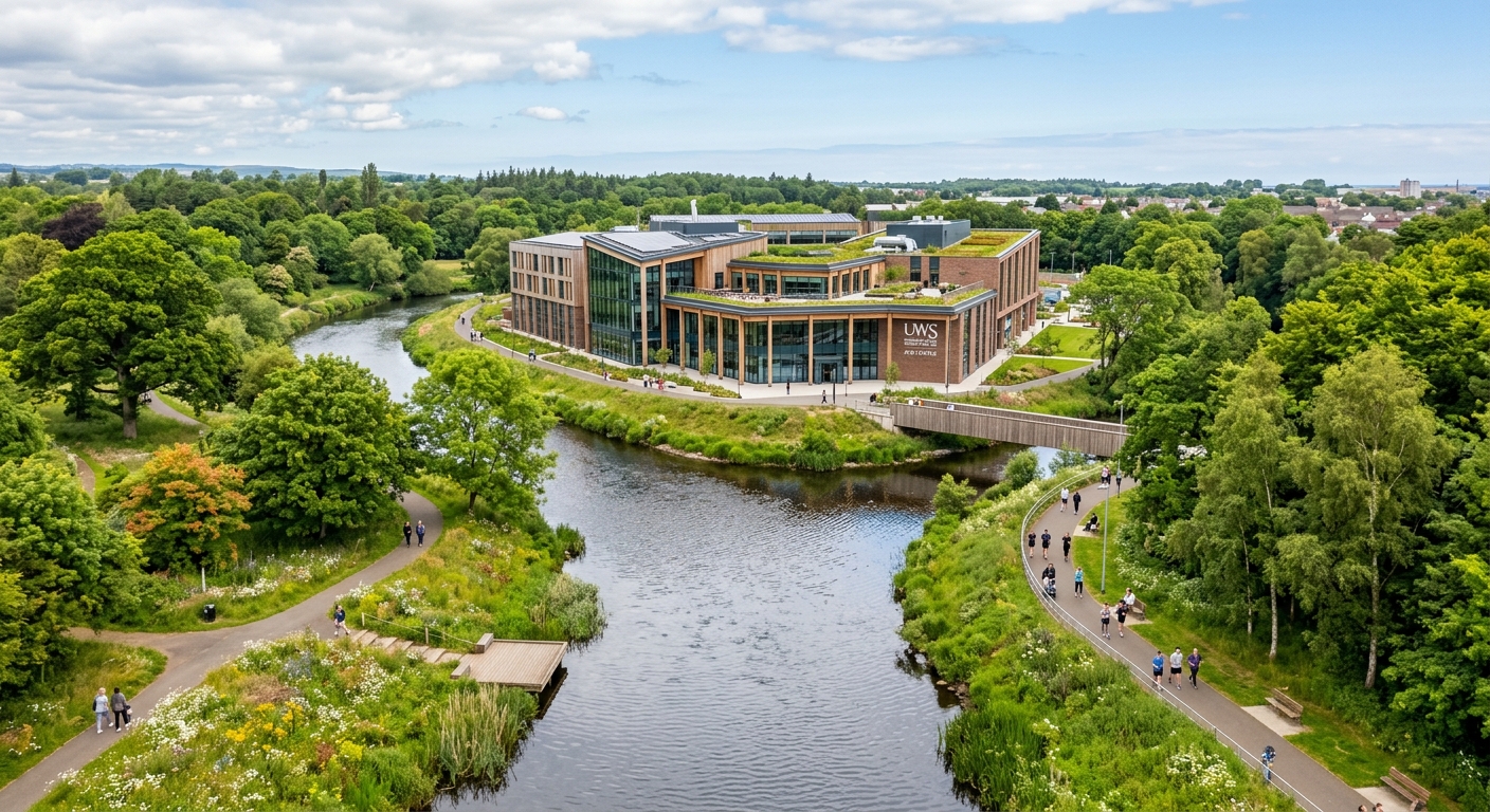 UWS Ayr campus contemporary riverside building surrounded by parkland, River Ayr flowing alongside, sustainable architecture, green environment