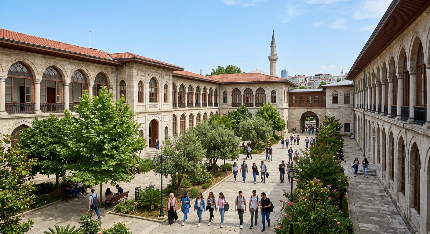 FSMVU Topkapi Campus in Zeytinburnu, historic stone buildings with arched windows, courtyard with trees, students walking between lecture halls, clear blue sky