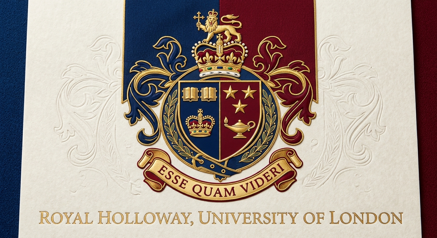 Royal Holloway University of London official logo, shield crest with motto Esse quam videri, red and blue colour scheme
