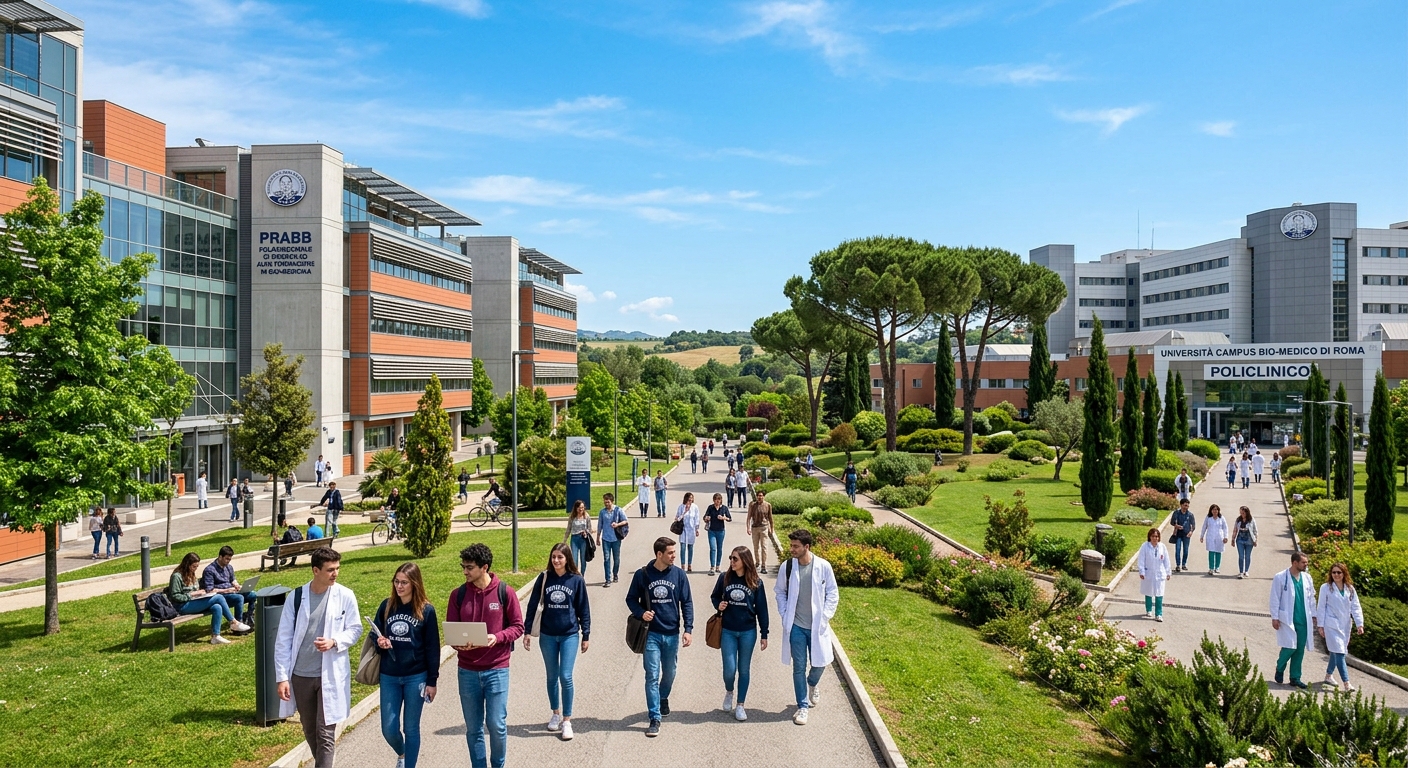 Modern university campus of Campus Bio-Medico in Rome with contemporary medical school buildings, green parkland in the Trigoria area, students walking between lecture halls and the university hospital, bright Mediterranean sunlight