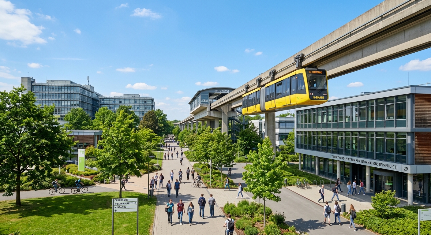 Modern campus of TU Dortmund University with the iconic H-Bahn monorail connecting North and South campuses, green surroundings, students walking between contemporary academic buildings under a clear sky
