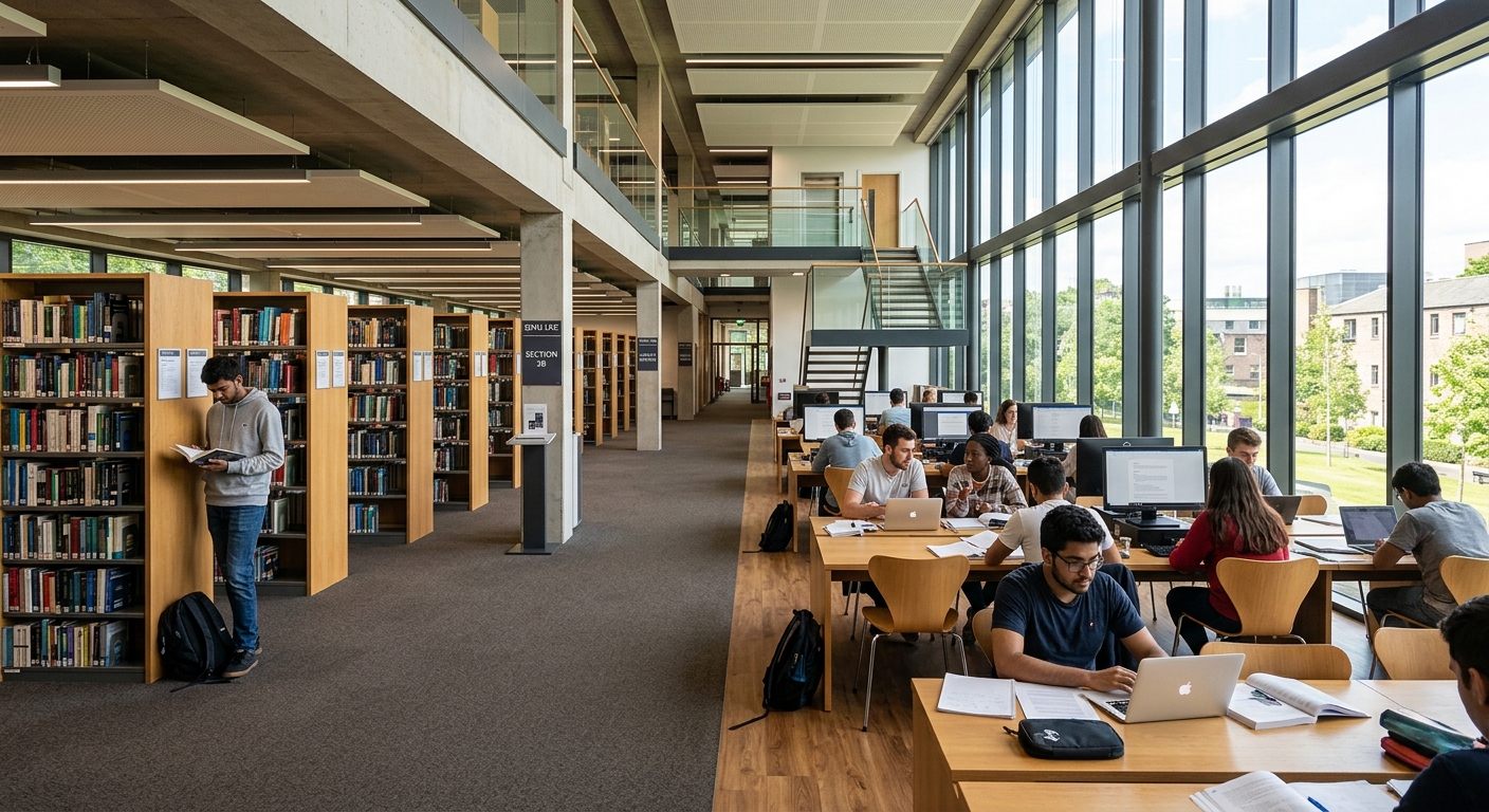 Queen Margaret University Learning Resource Centre interior, modern open-plan library with natural light, students studying at desks, bookshelves and computer terminals