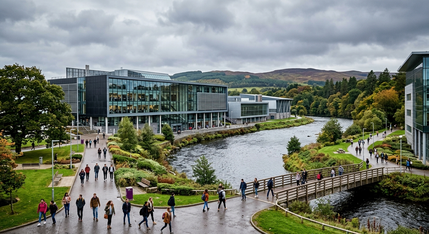 Modern Robert Gordon University Garthdee campus in Aberdeen Scotland, contemporary glass and steel buildings along the River Dee, students walking on campus pathways, green landscaped grounds with Scottish hills in the background, overcast sky typical of Aberdeen