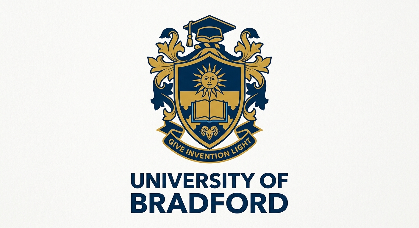 University of Bradford official logo, shield crest with open book and sun motif, dark blue and gold colors on white background