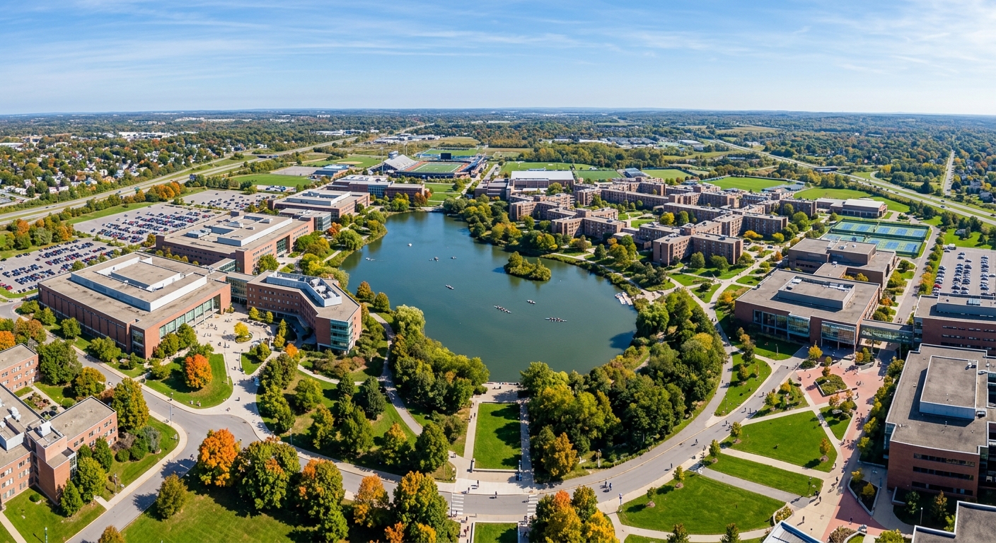 University at Buffalo North Campus wide aerial view showing modern academic buildings, green lawns, Lake LaSalle, and tree-lined pathways under clear blue sky
