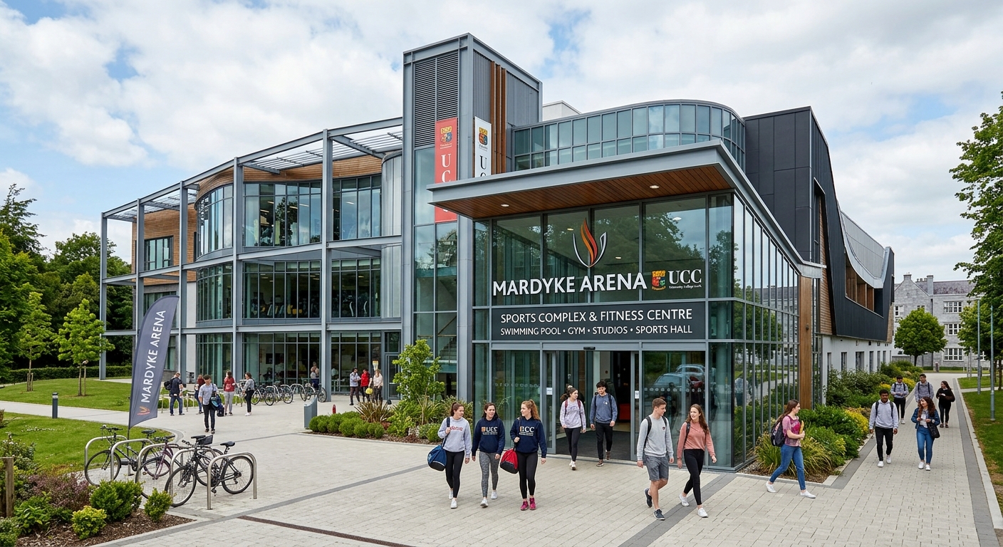 Mardyke Arena UCC sports complex exterior with modern design, fitness centre signage, and students entering the facility