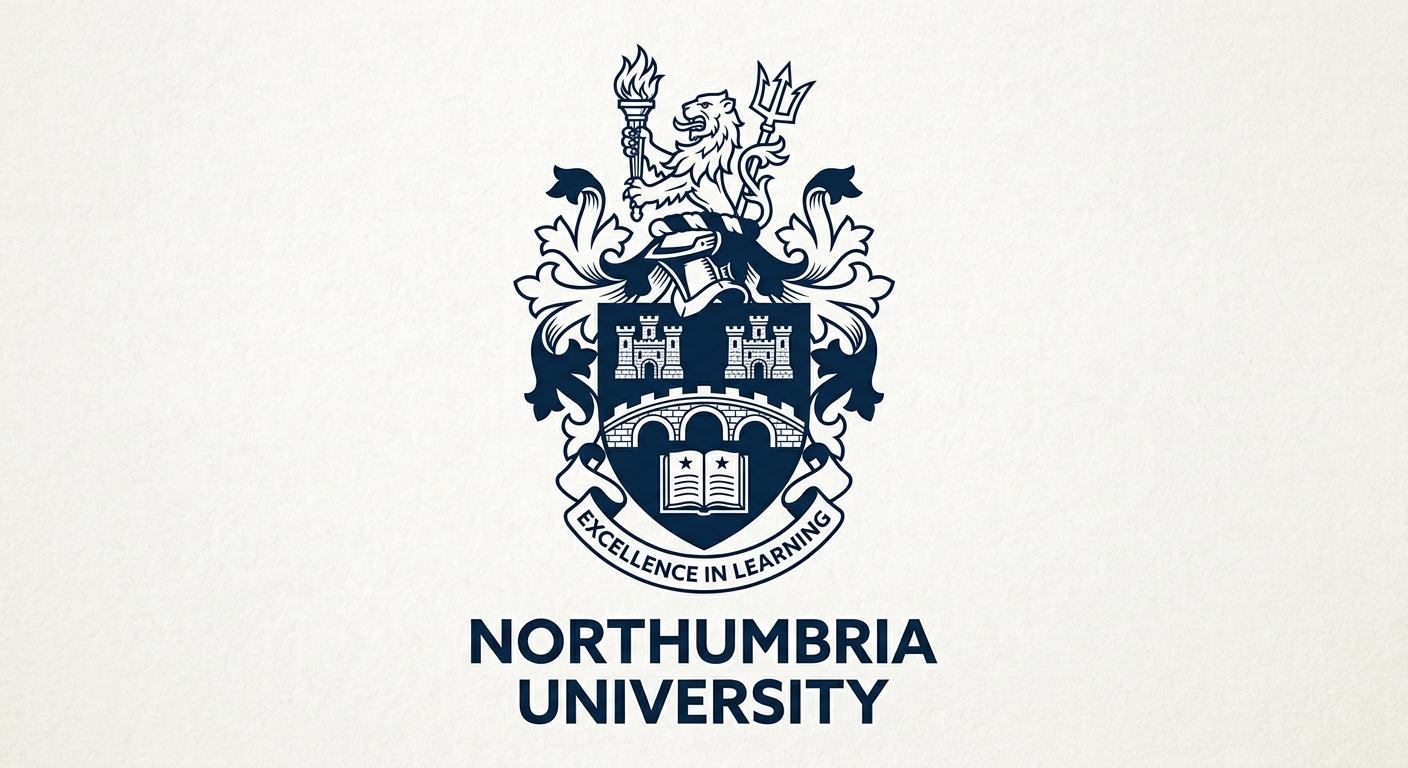 Northumbria University official logo featuring a shield with two triple-towered castles, an open book, arched battlements, and a lion crest holding a flaming torch and trident, dark blue and white color scheme