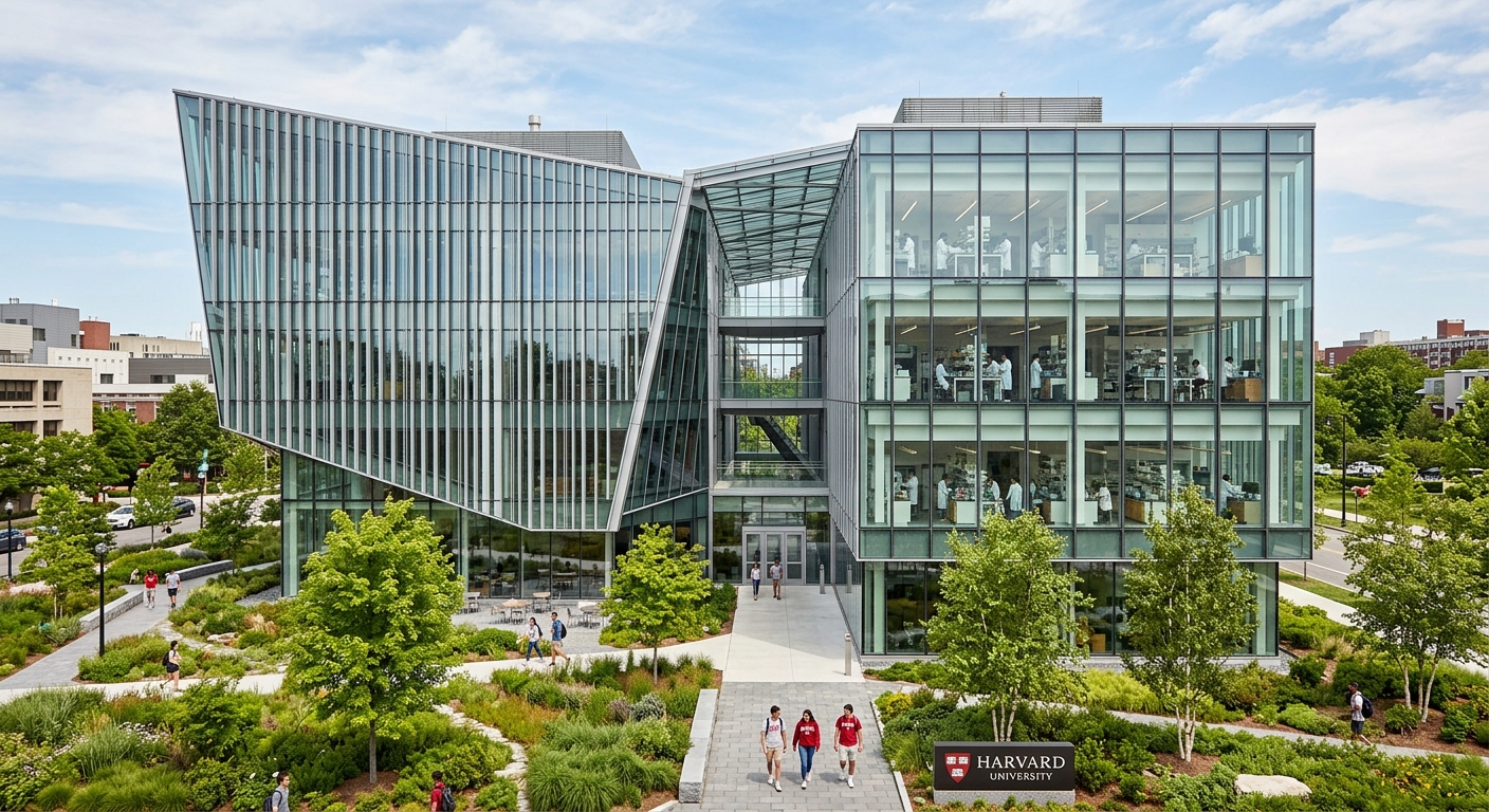 Harvard Science and Engineering Complex modern glass and steel building in Allston, contemporary architecture with green landscaping, research labs visible through large windows