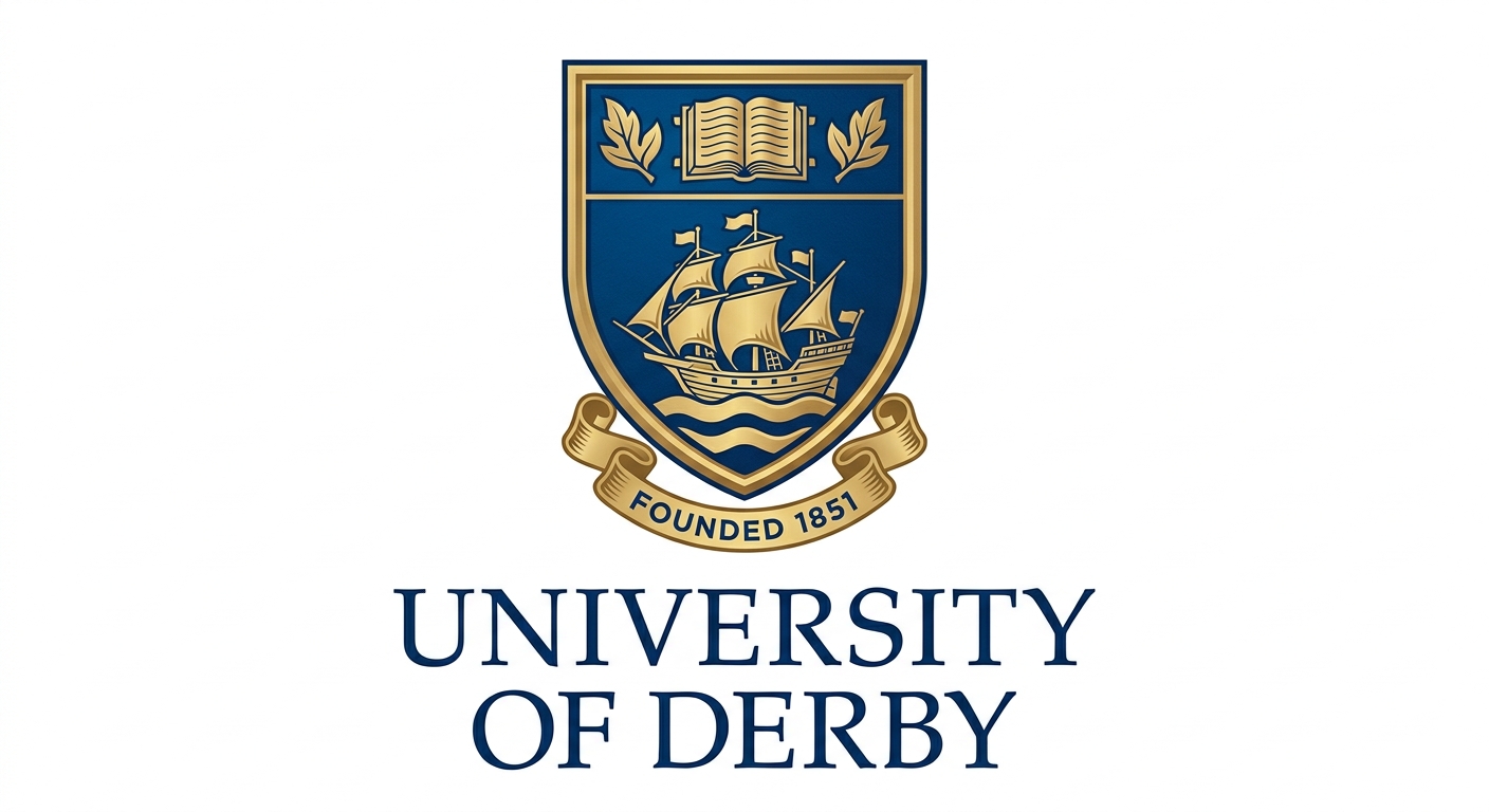 University of Derby official logo, shield crest with blue and gold colors, university name text beneath