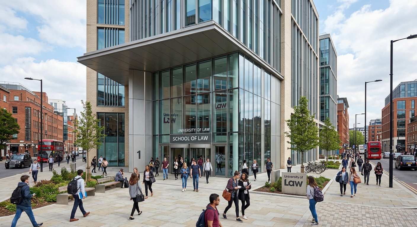 Modern University of Law campus building in the United Kingdom, professional law school exterior with glass facade, students walking near entrance, urban setting with contemporary architecture