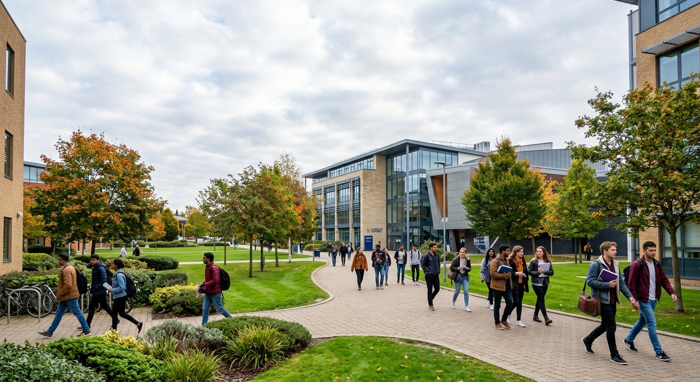 University of Surrey Guildford campus with modern academic buildings, green landscaped grounds, students walking between lecture halls, bright overcast English sky
