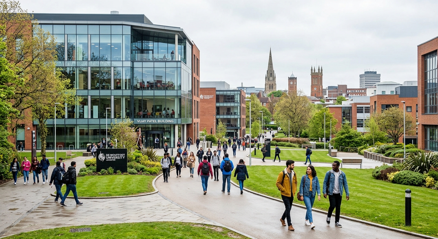Modern De Montfort University campus in Leicester with contemporary glass-fronted technology building, students walking on pathways between buildings, green spaces visible, city skyline in background, bright overcast sky typical of England