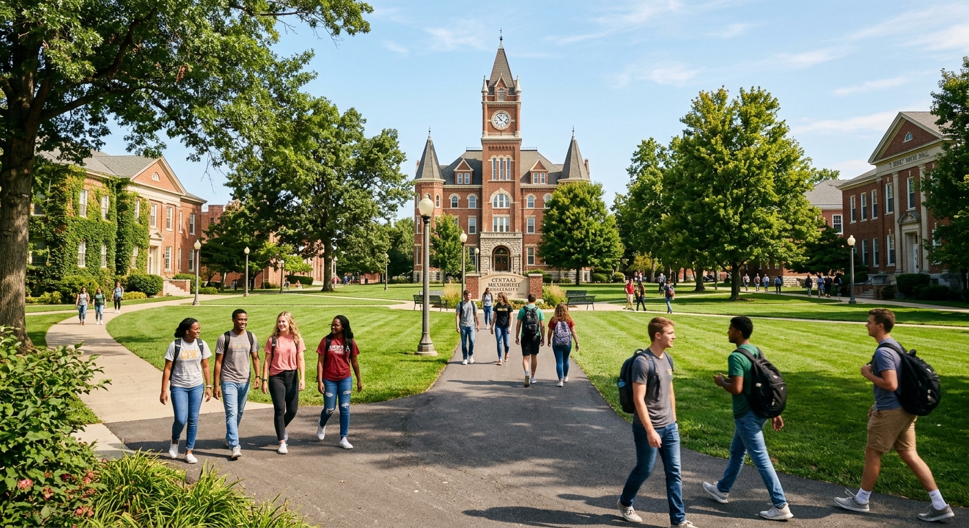Central Methodist University campus in Fayette Missouri with historic brick buildings, green lawns, and students walking along tree-lined pathways on a sunny day