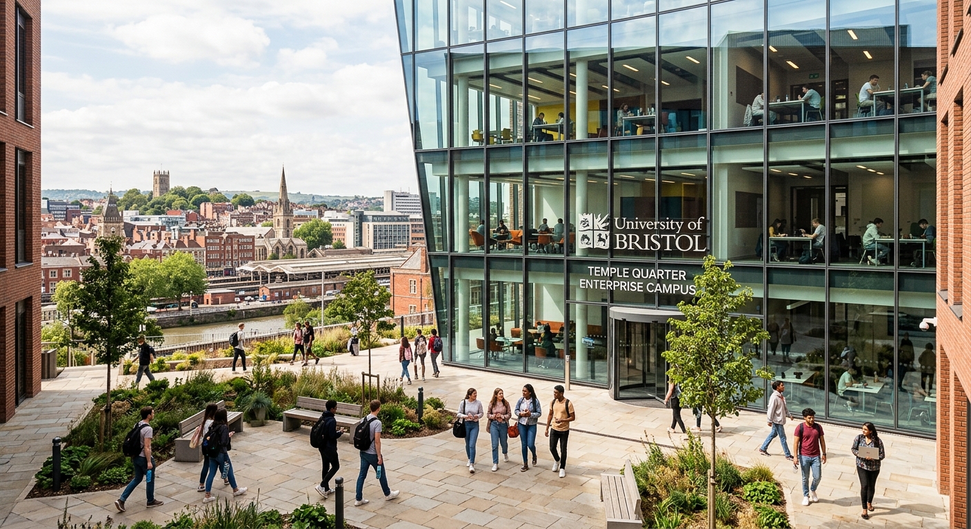 Modern Temple Quarter Enterprise Campus at University of Bristol, glass-fronted building with collaborative learning spaces, students walking through a sunlit courtyard, Bristol cityscape in the background