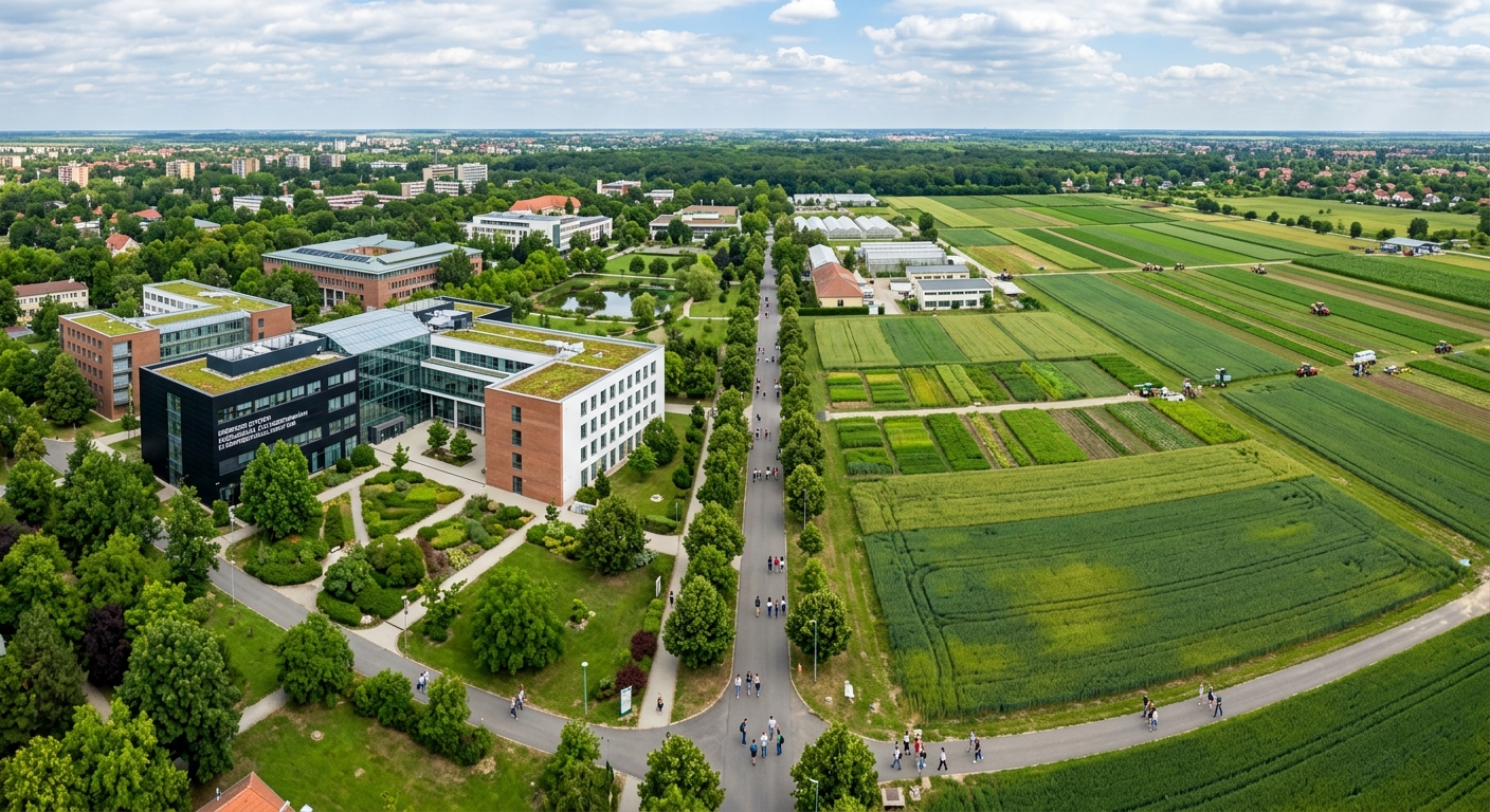 Aerial view of the University of Debrecen agricultural campus with green experimental crop fields, modern faculty buildings, and students walking along tree-lined pathways in Debrecen, Hungary