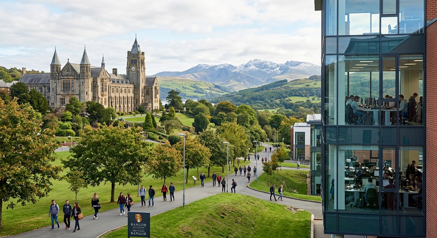 Bangor University campus with historic Main Arts Building on a hillside, lush green Welsh landscape with Snowdonia mountains in the background, students walking along tree-lined pathways, modern computing lab visible through glass windows