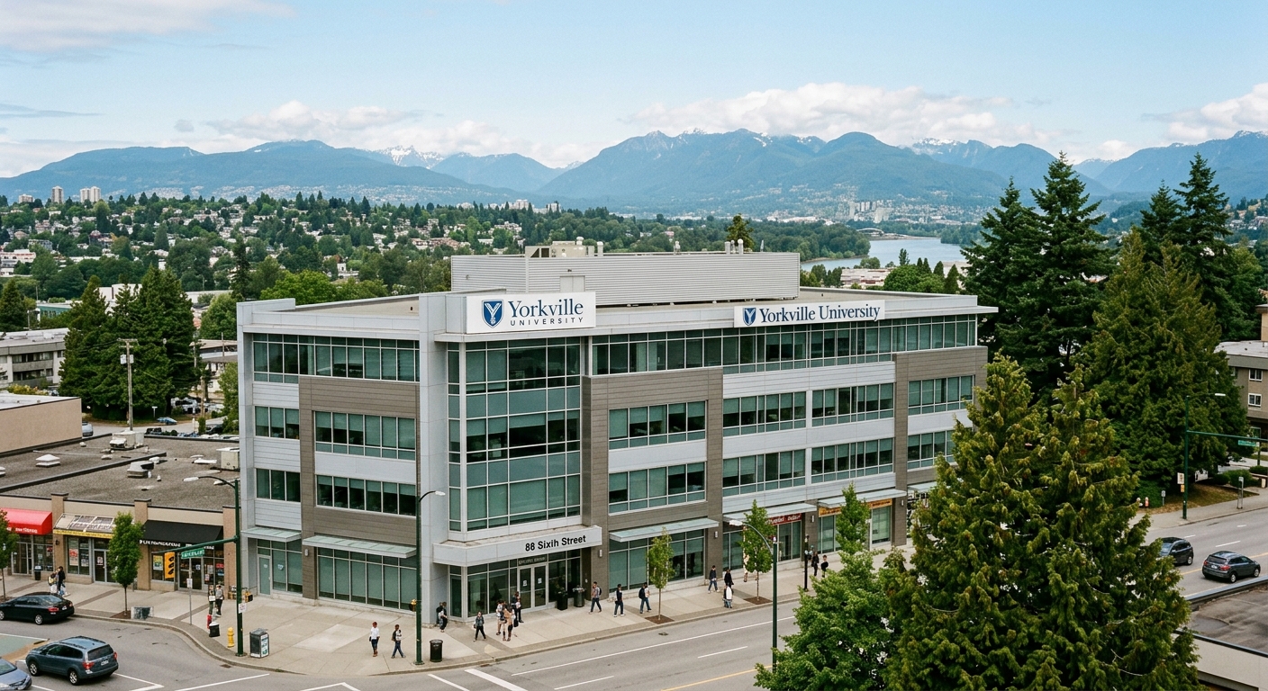 Yorkville University Vancouver campus at 88 Sixth Street New Westminster, modern office building with mountain views in the background, Pacific Northwest setting