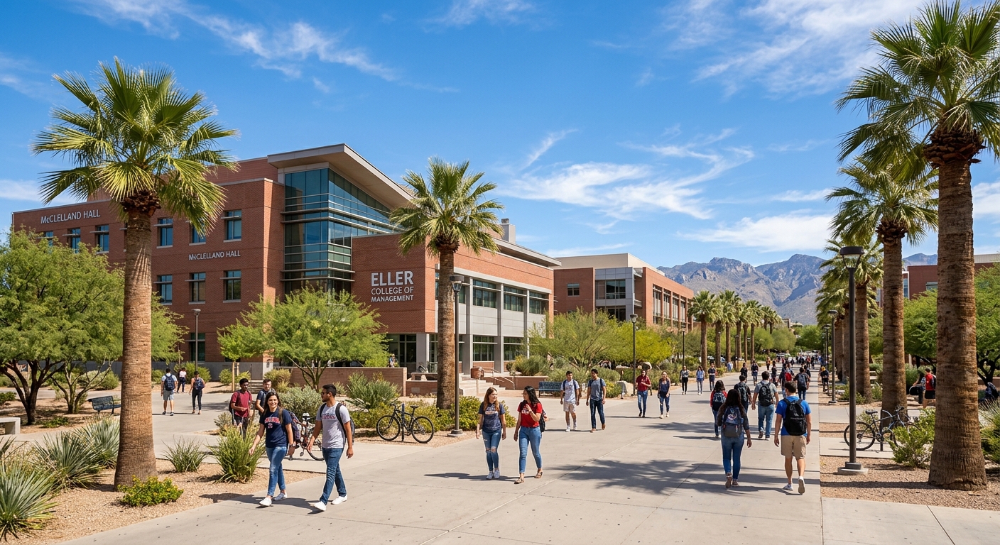 University of Arizona campus with McClelland Hall and Eller College of Management building, students walking along palm-lined pathways under blue desert sky, Tucson Arizona