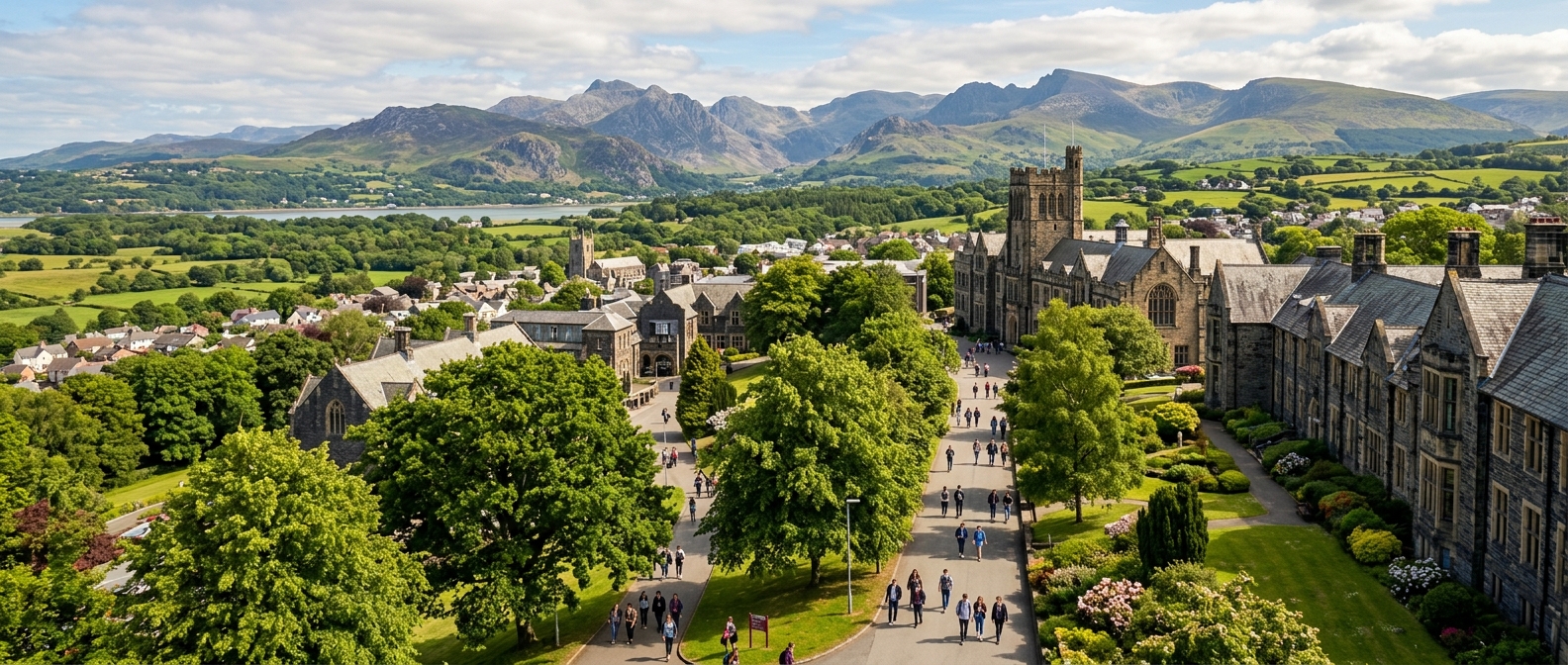 Panoramic view of Bangor University campus in North Wales with Snowdonia mountains in the background, lush green countryside, students walking along tree-lined paths near historic stone buildings