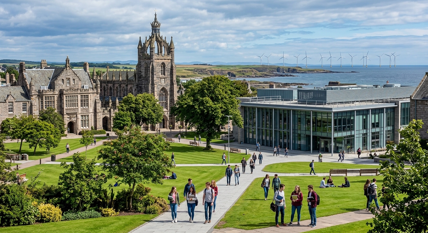 University of Aberdeen historic granite campus buildings with modern engineering facilities, wind turbines visible in the background against Scottish coastal skyline, students walking through green campus grounds