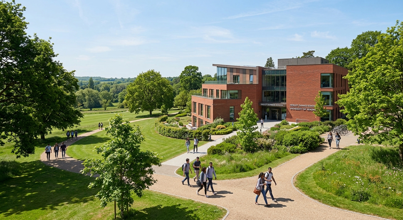 Henley Business School campus at the University of Reading, modern red-brick academic buildings surrounded by green parkland, students walking along tree-lined pathways, bright sunny day in the English countryside