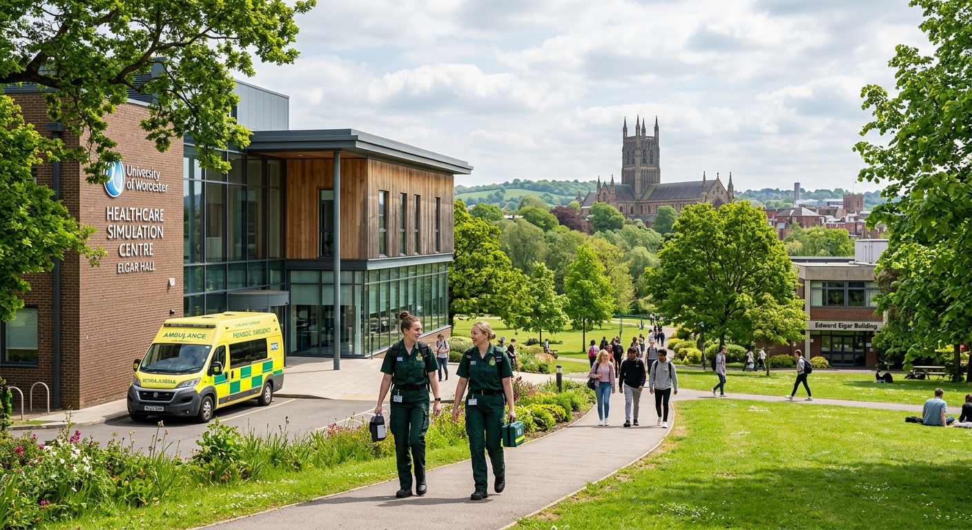 University of Worcester campus with modern healthcare simulation building, ambulance parked outside, green parkland setting, Worcester Cathedral visible in the background, students in paramedic uniforms walking between buildings